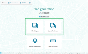 image of the plan generation landing page. The buttons to navigate to define diagrams and layout plan sheets are highlighted.