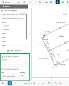 image of part of the layout sheets screen, highlighting the default line and text properties panel at the left.