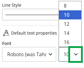 image of the Default text properties panel, highlighting the dropdown arrow for font size. The font size menu is open and 5 font sizes are visible.