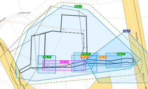 image of Define diagrams when the 'select diagrams' icon has been selected. All diagrams are blue, with their labels coloured the associated diagram type colour. 1 diagram is selected, and both the diagram and its label are pink.