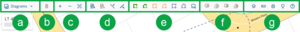image of the toolbar at the top of the define diagrams screen. The icons are separated into sections, and each section is identified with a letter a-g. 