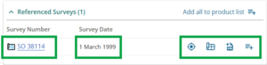 image of the referenced survey section on the title summary page. The survey number, survey date, and locate, dispay survey work, xml extraction, and add to product list icons are highlighted.
