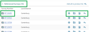 image of the referenced surveys panel on the survey summary page. A survey number and the icons for locate item, display survey work, xml extraction, and add to product list are highlighted.