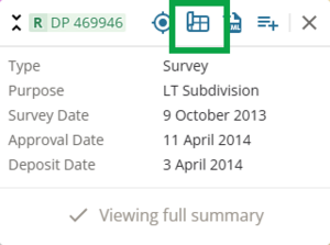 image of survey reference info panel. The "add to display survey work" icon at top of panel is highlighted.