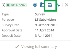image of survey reference info panel. The "add to survey data extraction" icon at top of panel is highlighted.