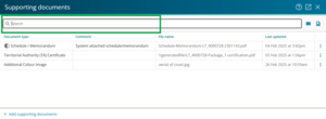 image of the supporting documents panel. The search box is highlighted.