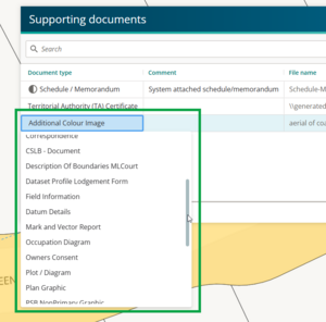 screenshot of the supporting documents panel with document type selected for the "Additional colour image" file. A drop-down has opened and displays some of the available supporting document types