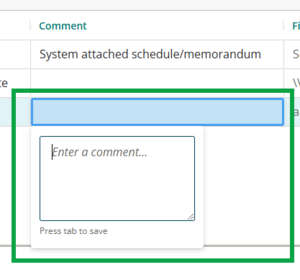 screenshot of the comment field in the supporting documents panel. There is a highlighted box open with the wording "enter a comment".