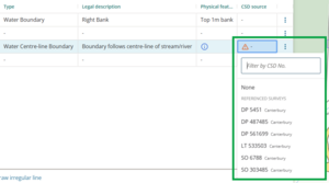 image highlighting the CSD source field for an irregular line. The drop-down is open showng a list of all referenced surveys for the dataset.