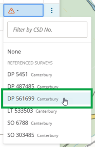 image of the drop-down list of referenced surveys. The mouse cursor is positioned over a survey reference.