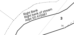 image of an irregular line label in a survey sheet. The label reads "Right bank; Right bank of stream; Adpt SO 470087". 