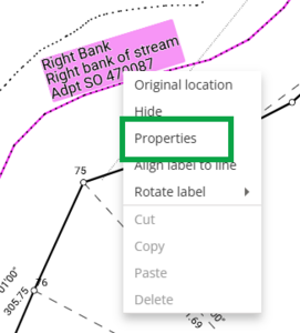 image of a selected irregular line label in the layout sheets. The lable menu is open and 'Properties' is highlighted.