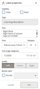 image of the properties menu for an irregular line label.