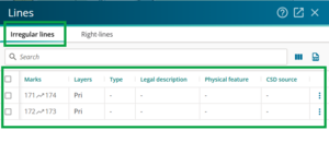 image of the Lines panel, open on Irregular lines. The captured irregular lines are highlighted.