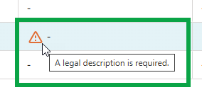 image of an orange warning triangle. The text reads: "A legal description is required".