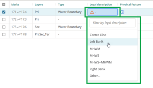 image highlighting the Legal description field for an iregular line. The drop-down menu is open.