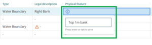 image highlighting the physical feature field for an irregular line. The free-text field is visible, and the user has entered "Top 1m bank".