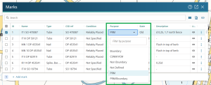 imge of the marks panel, with the purpose field open for editing.