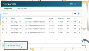 screenshot of new parcels panel. "Add new parcel" is highlighted at bottom left of panel.