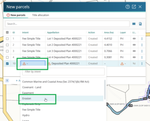 screenshot of new parcels panel with the intent field selected. There is a drop-down open with the available parcel intents listed. "Erosion" is highlighted.