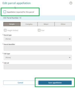 screenshot of appellation panel, with "Appellation required for this parcel" highlighted at top of panel. Also highlighted is "Save appellation" at bottom left of panel.