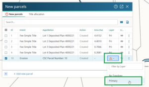 Screenshot of new parcels panel, with Layer field highlighted. The drop-down shows the available layers for the parcel. "Primary" is highlighted.