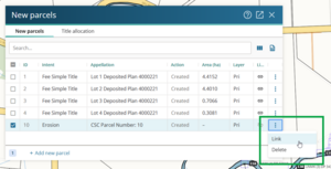 screenshot of new parcels panel with the three dots menu highlighted. The mouse is hovering over "Link".