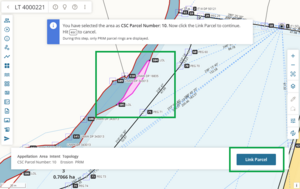screenshot of spatial capture screen, with parcel linking in process. A parcel has been selected and is coloured pink. "Link parcel" at bottom right of screen is highlighted.
