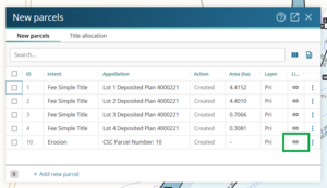 Screenshot of new parcels panel, highlighting the "linked" icon for the erosion parcel.
