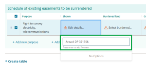 image highlighting the free-text box with "Area A DP 321356" now entered.