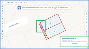 image of the "Select parcel" view. Area A has been selected and is pink in the spatial view, and its appellation is listed under "Shown easement parcels" at the bottom right of the screen.