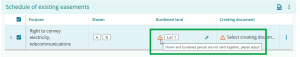 image highlighting the warning triangle in the burdened land field. The mouse cursor is positioned over the icon and the tool-tip reads "Shown and burdened parcels are not valid together, please adjust."