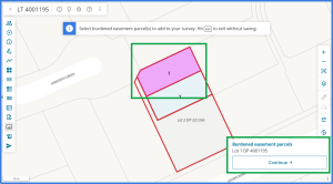 image highlighting a spatially selected parcel. The parcel appellation is listed under Burdened easement parcels at the bottom right of the screen.