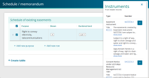 image of the Schedule / memorandum panel with a Schedule of existing easements table. The Instruments panel is covering the right half of the panel.