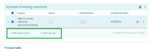 image of a populated schedule of existing easements, highlighting the "add new purpose" and "add new new" buttons.