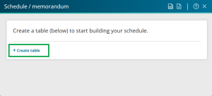 image of the Schedule / memorandum panel, with "Create table" highlighted.