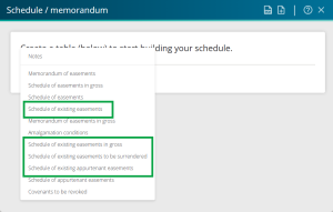 image of the table type menu. The schedule options for existing easements are highlighted in the list.