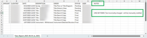 image of a fees report as CSV. A note is visible in a column to the right of a transaction.
