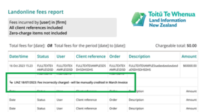 image of a fees report as PDF. A note is visible underneath a transaction.