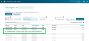 image of a fees report viewed on screen. A note is visible underneath a transaction.