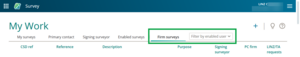 screenshot of My work page, highlighting the Firm surveys tab and "Filter by enabled user".