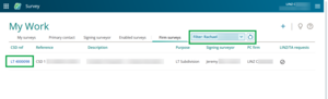 Screenshot of My work, highlighting a filtered user's name at the top of the panel, and 1 survey listed under Firm surveys.