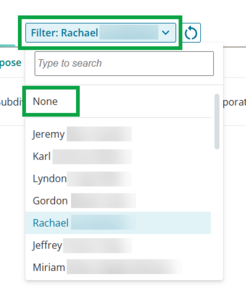 image of Filter by enabled users with the drop-down list of users open. "None" is highlighted at the top of the list.
