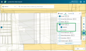image of the Web Search spatial screen. The Layers icon in the map control toolbar is highlighted, and the Cadastral Vectors layer is selected.