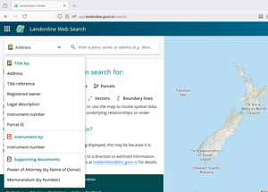 image of Web Search with the drop-down search menu open. Only search "title by", "instrument by", and "Supporting documents by" are displaying.