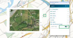 image of survey capture, with an uploaded georeferenced image visible. The Layers panel is open, in "popped-out" mode, and the georef image opacity is set to 100%.
