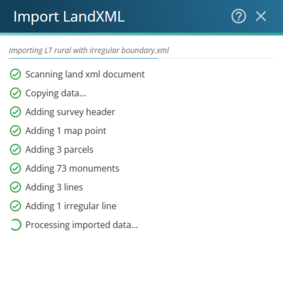 Image of the Import LandXML panel while the import is in progress. A list of items appears and are ticked off as the import progresses. The bottom item has a "processing" circle.