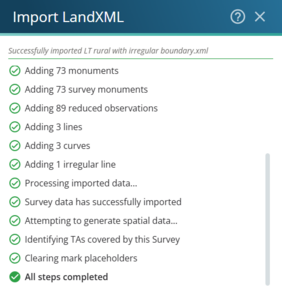 Image of the Import LandXML panel once the import is complete. All items are ticked off, and the bottom item reads "all steps completed".