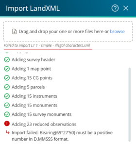 image of the import LandXML panel during an import. The import has failed due to the bearing being in the incorrect format.