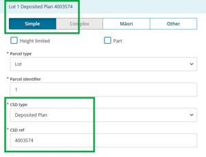 image of the Edit parcel appellation panel. The parcel appellation is in 'Simple' format, and the CSD type and CSD reference are correctly filled in and highlighted.